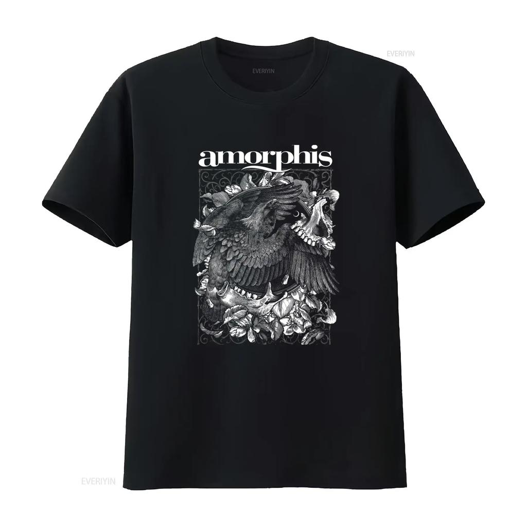 Amorphis Circle Schwarzes T-Shirt mit kunstvollem Adler- und Blumenmuster Perfekt für Metal-Fans vintage gewaschen Lässig Vielseitig