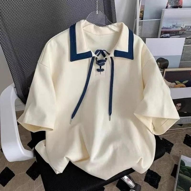 Color Blocking Women's T-shirt Turn Down Collar Drawstring Tie Short Sleeved Tees Japanese Style Summer New Version Loose Female Top
