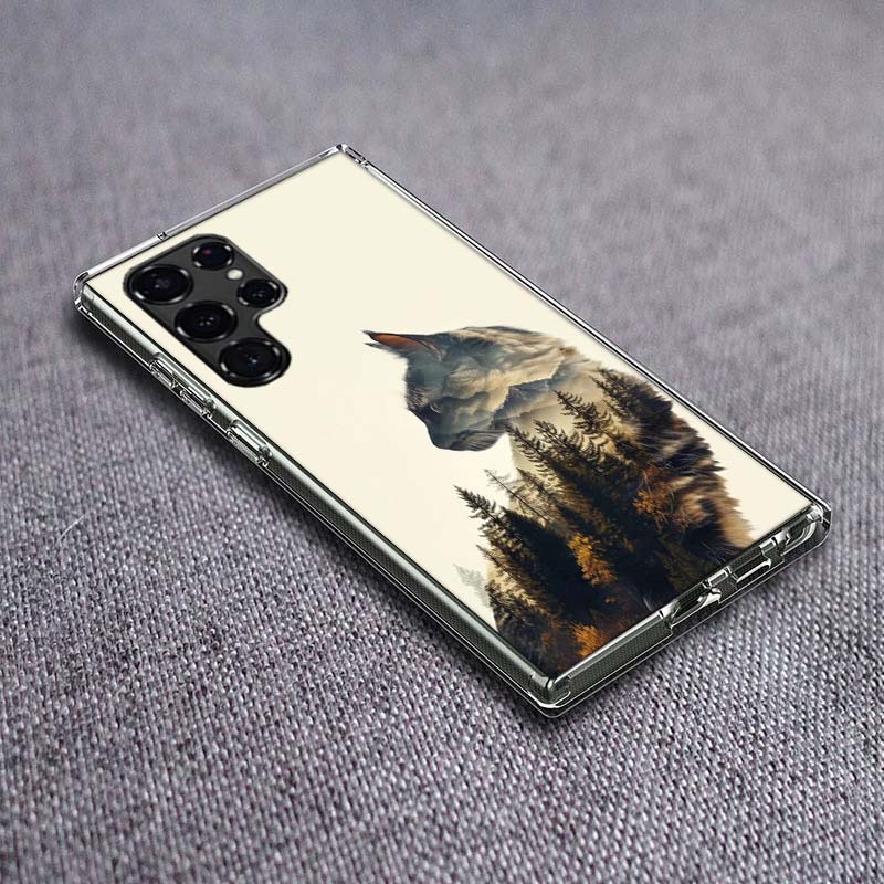 Forest and Cat Phone Case For Samsung Galaxy S24 S23 S21 S20 FE S22 S26 Ultra S25 Edge S10 Plus Cover Clear TPU Capa Shell Coque