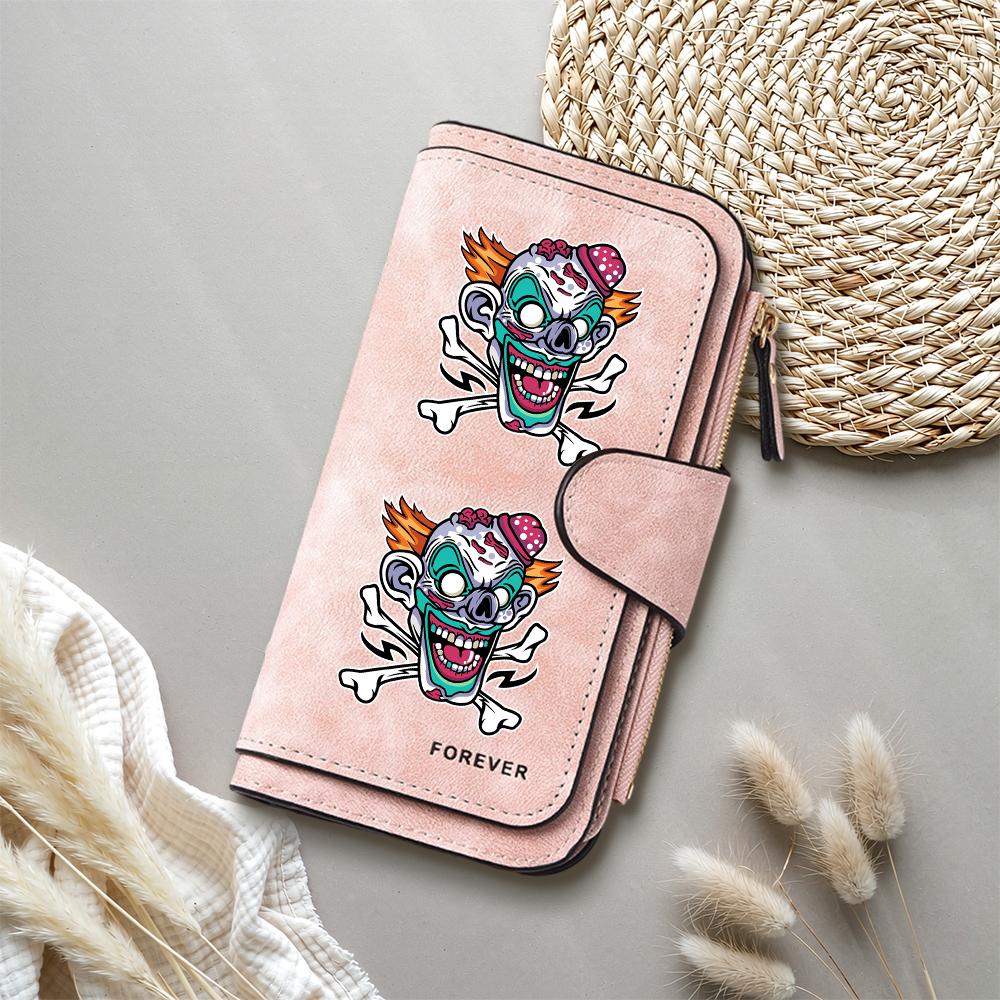 Gothic Clown Print Long Wallet Cool Punk Leather Card Holder Fashion Casual Portable Zipper Purse for Daily Use