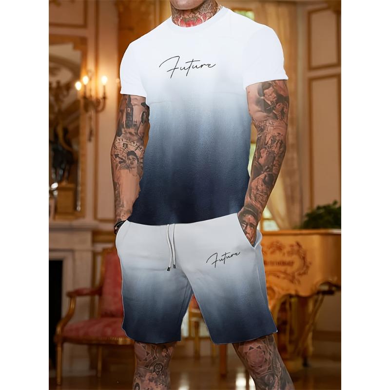 

Summer men s new spliced printed pattern breathable round neck T-shirt and shorts outdoor skin friendly casual two-piece set S