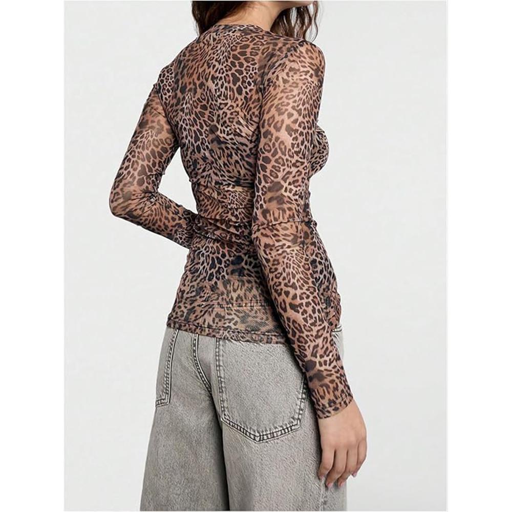 Damski top z siateczki w panterkę, z długim rękawem, z okrągłym dekoltem, dopasowany, na imprezę, do klubu, prześwitujący T-shirt