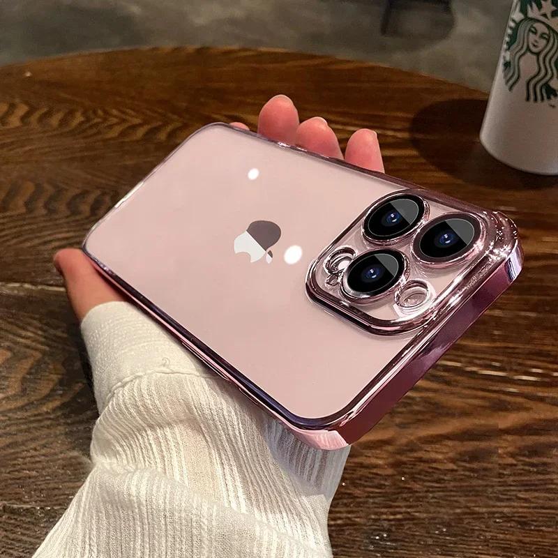 NYHET Luxury Plating Clear Phone Case For iPhone 15 14 13 11 12 Pro Max X XS Max XR 7 8 Plus Full Lens Protector Silikondeksel