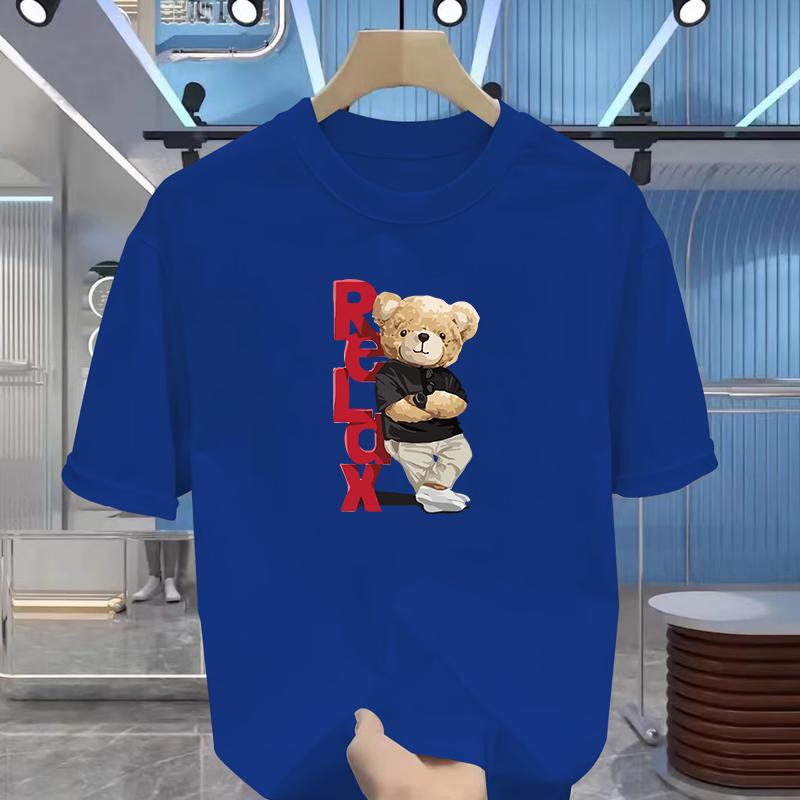 Men's Summer 100% Cotton Fashionable Casual Loose Large Size Letter Bear Printed Sports Round Neck Short Sleeve T-shirt Top