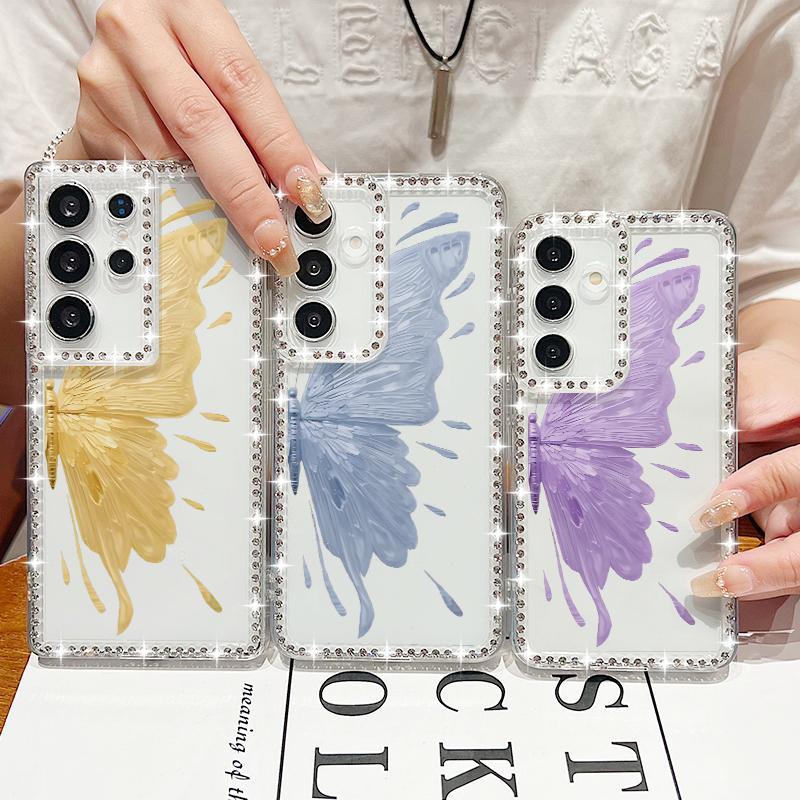 Butterfly Pattern Clear Phone Case For Samsung S25 Ultra S24 FE S23 S22 A56 A36 A16 A15 A55 A35 Diamond Frame Shockproof Soft Silicone Cover