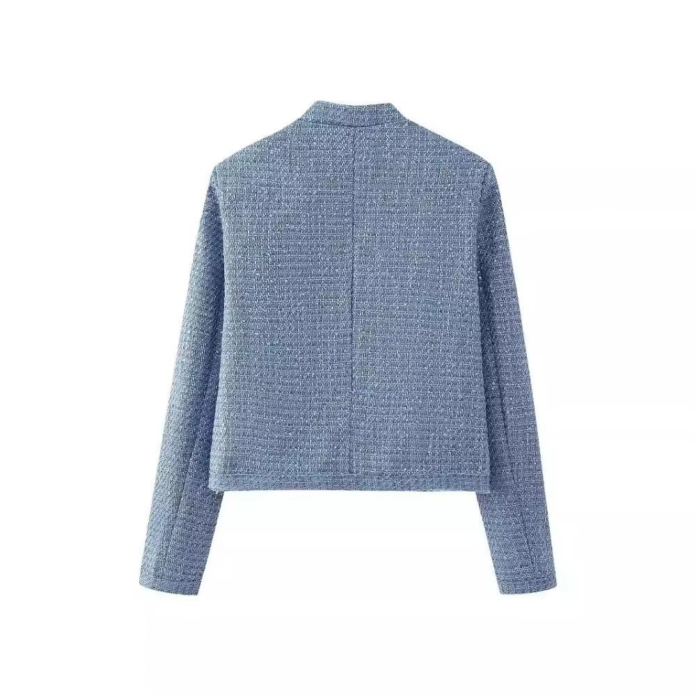 Women's Sequin Stand Collar Long Sleeves Pockets Short Jacket Coat Spring and Autumn New Female Chic Cardigan Jacket