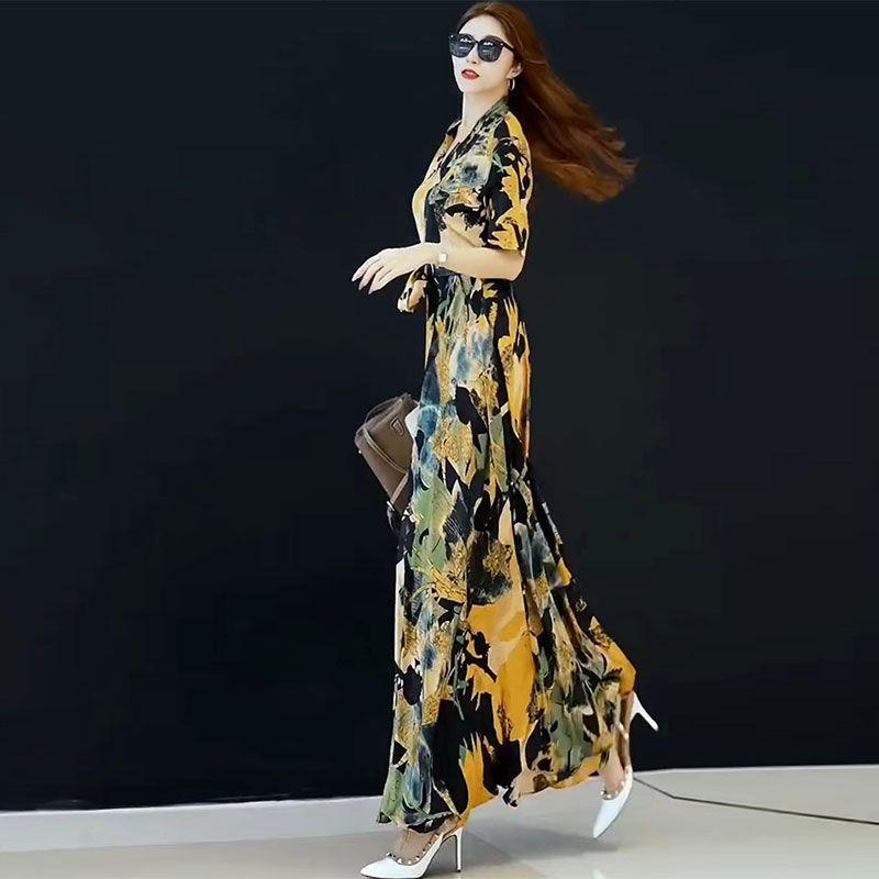 

Платье высокого класса для женщин Новый модный стиль Облегающий талию Пуловер с коротким рукавом Принт С высокой талией Длинная юбка 4XL бежевый