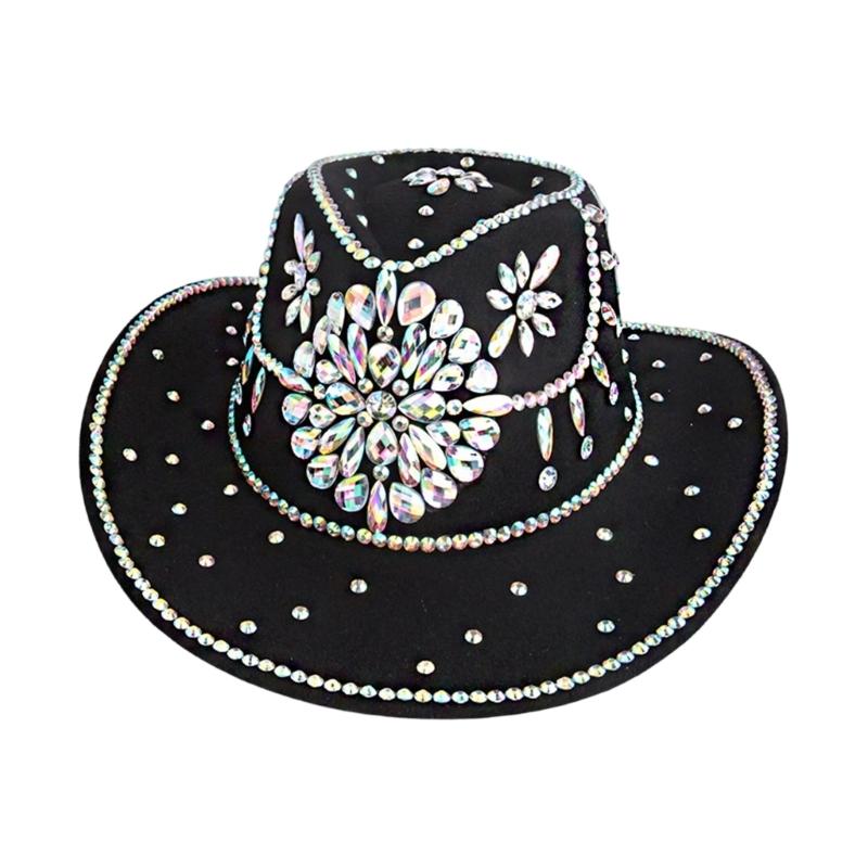 

Windproof Rhinestones Embellished Felts Hat Perfect For Festivals And Parties M