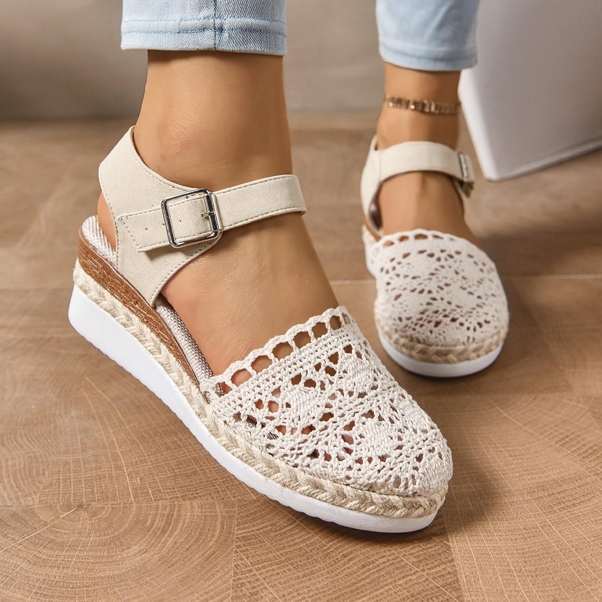 

Fashion Sandals Women Braided Espadrille Knot Button Ankle Strap Wedge Sandals Linen Wedge Summer 6cm Heel Platform Espadrilles Shoes 36