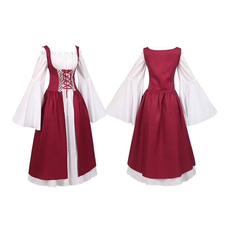 Medieval Women Victorian Long Red White Dress High Waist Design Parties Cosplay