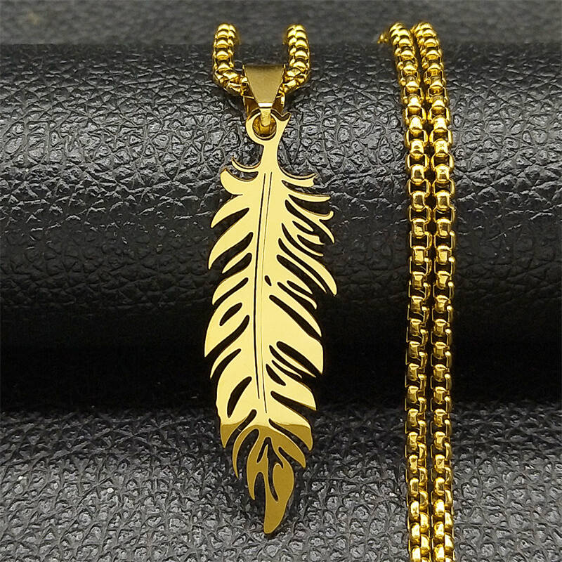 Boho Feather Pendant Male Necklace for Women Men Stainless Steel Silver Color Leaf Chain Jewelry Gift Collar Hombre N3393S01