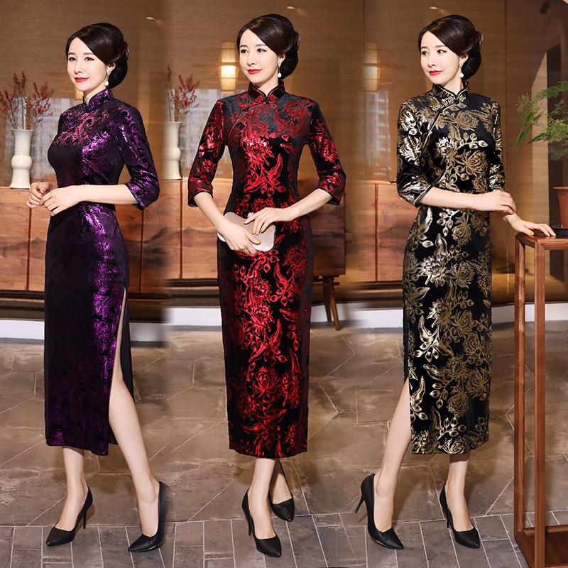 Autumn and winter velvet cheongsam long daily banquet long seven-quarter sleeve large size cheongsam women's performance clothes