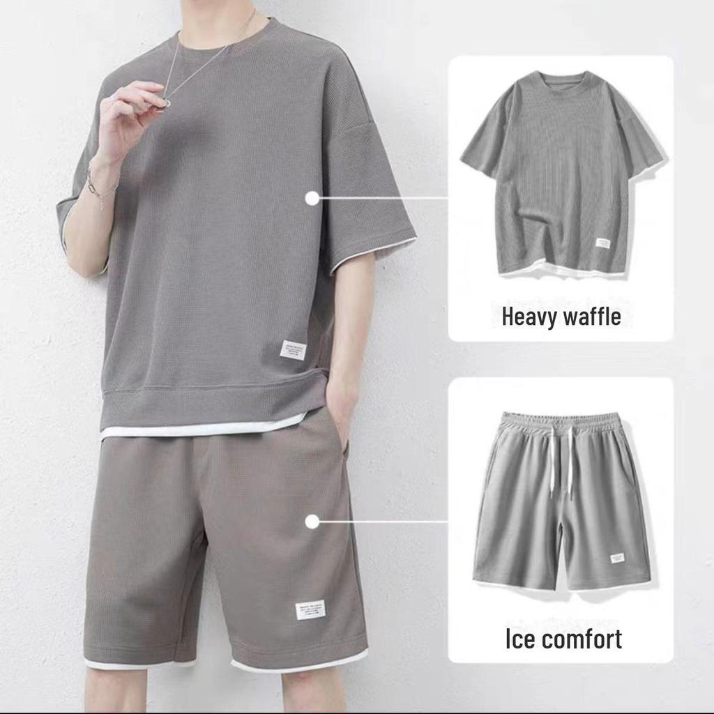 2022 Men's Waffle Short Sleeve Sports Leisure Suit - 2-Piece Set