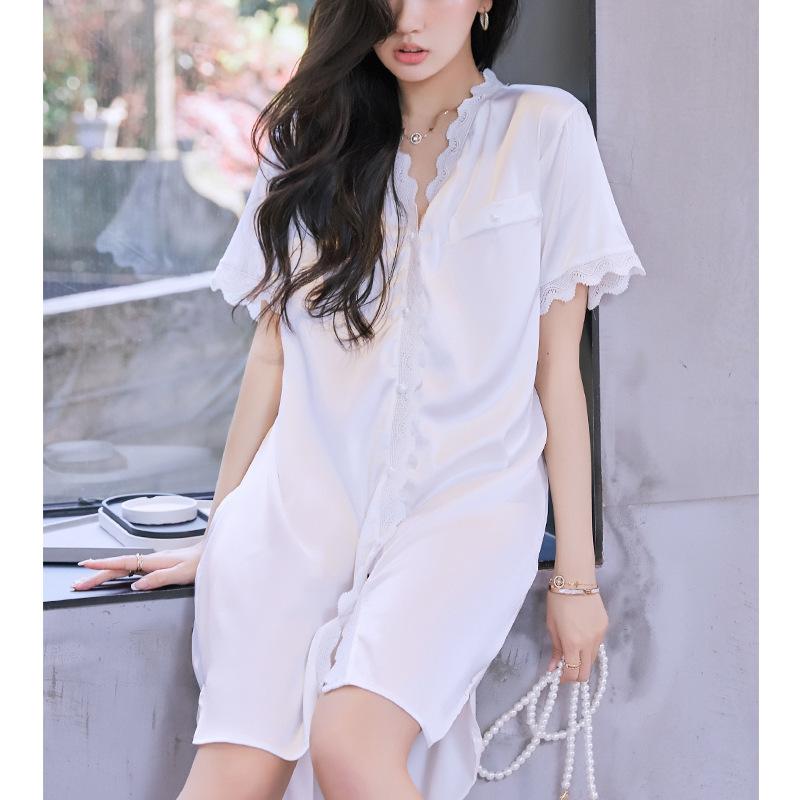 Fashion High-End Wavy Lace Short-Sleeved Shirt Summer Nightdress Women'S Sweet Wind Loungewear Can Be Worn Outside