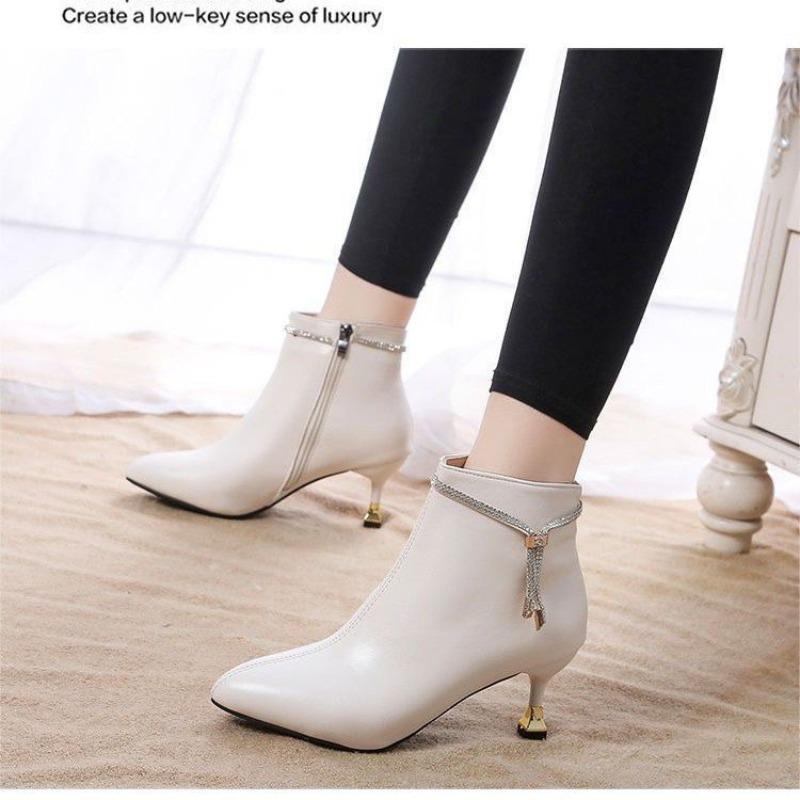 Versatile rhinestone thin heel short boots women's autumn and winter leather bare boots new fashion pointed women's velvet Martin boots