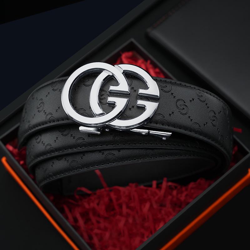 Męski luksusowy dwuwarstwowy pasek ze skóry bydlęcej z automatyczną klamrą i drewnianym pudełkiem prezentowym