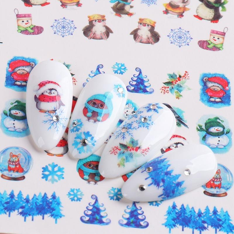 2 SheetS Winter Nail Art Designs 3D Cute Sticker Cartoon Christmas Slider New Year Holiday Decal Manicure Decorations