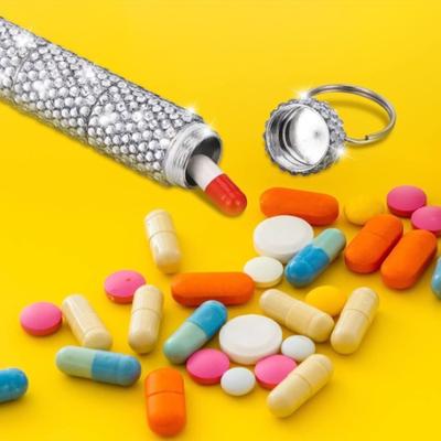 Portable Diamond-encrusted Aluminum Alloy Mini Pill Bottle, Outdoor Waterproof, Small Medicine Organizer Jar with Key Ring