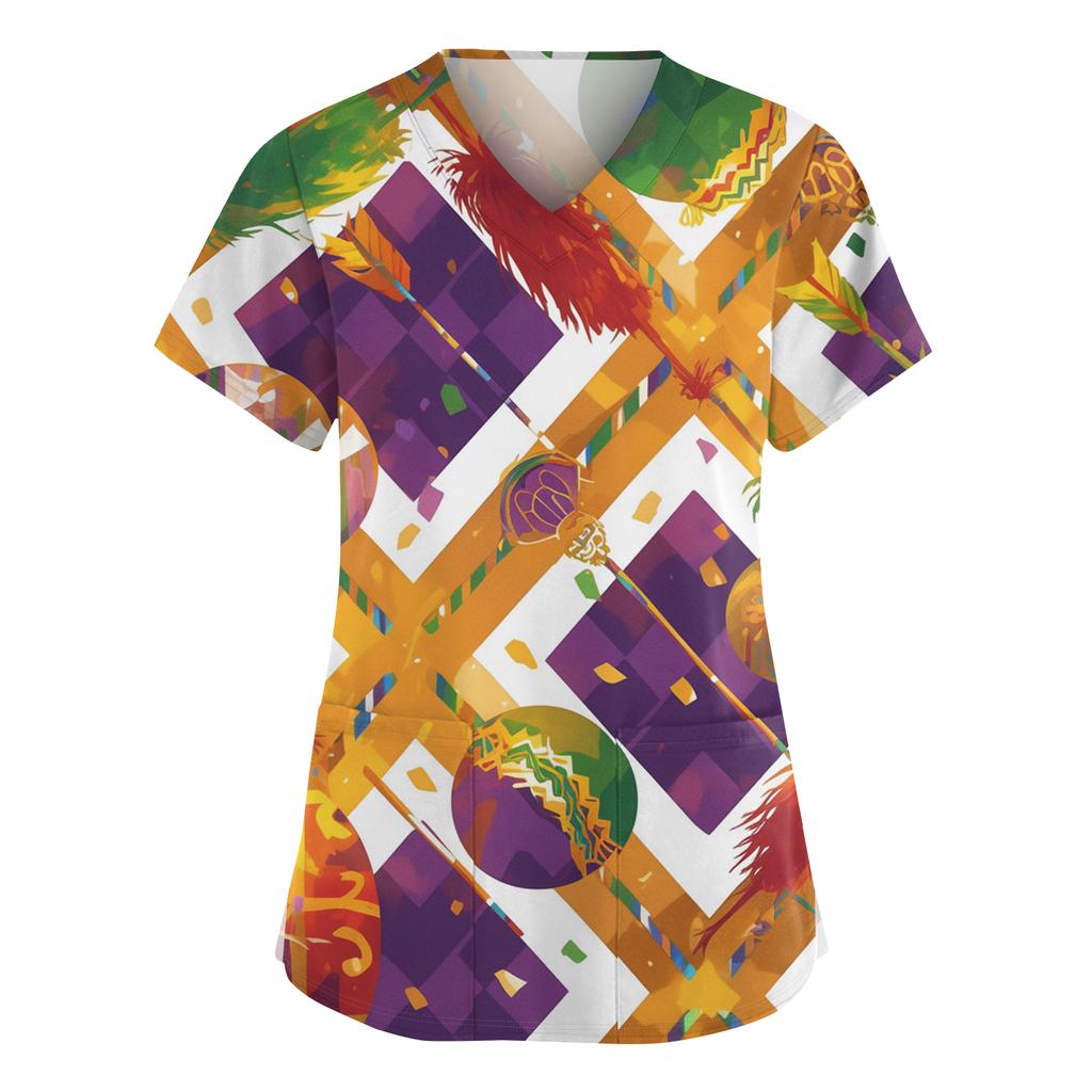 Women's Fashionable V-neck Workwear Printed Short Sleeved Pocket Side Slit Workwear Basic Pullover Top