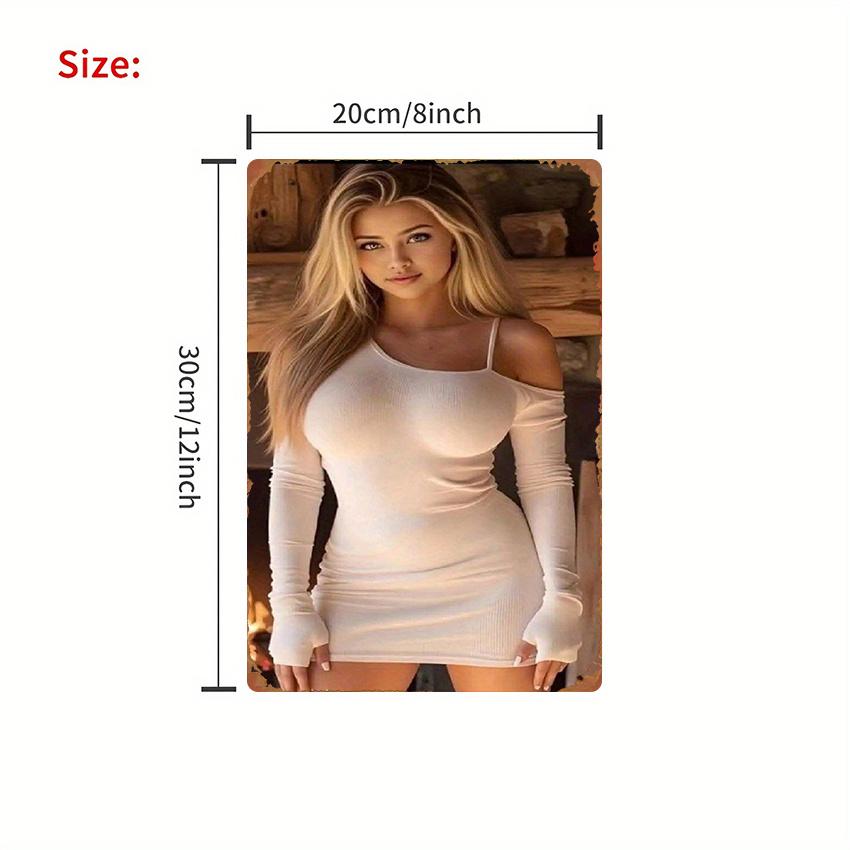 Mfoever Tin Sign Gorgeous Busty Blonde Model In White Off Shoulder Ribbed Bodycon Mini Dress Posing Vintage Metal Tin Sign Retro Iron Painting W