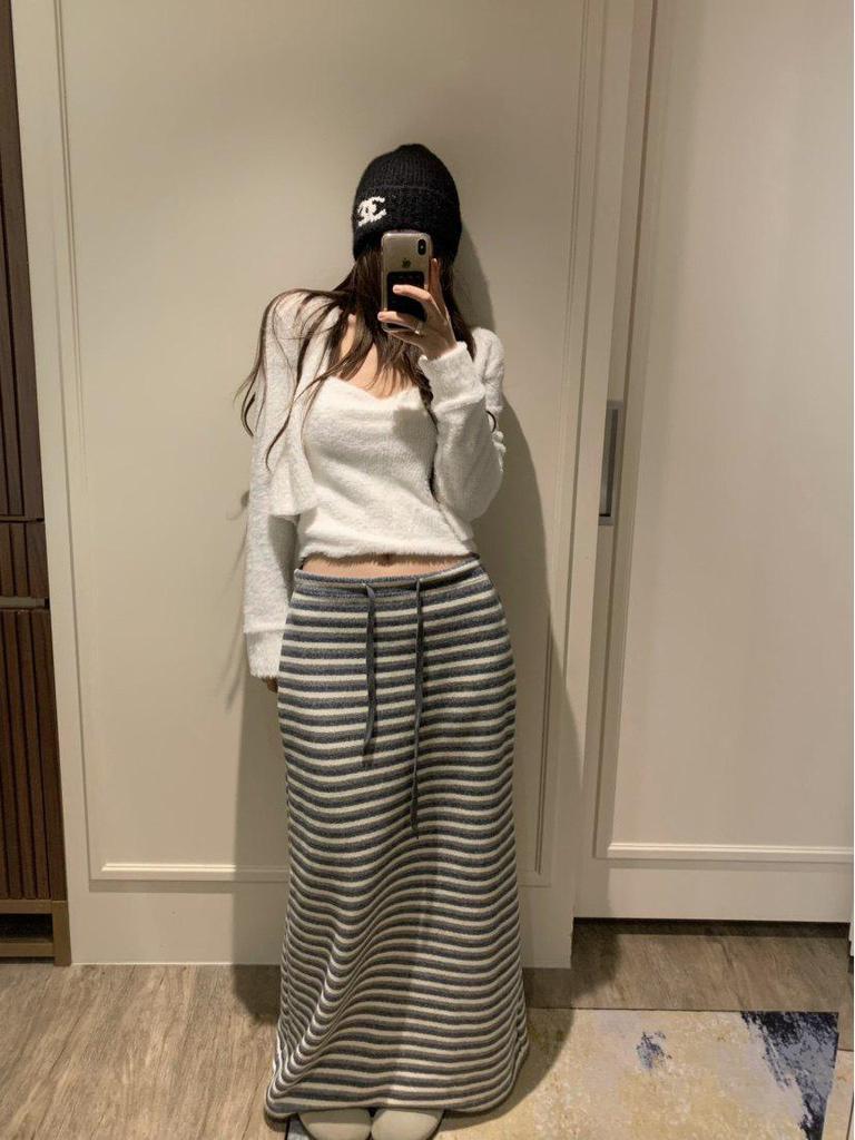 Korean Striped Color Block Lace-up Long Skirt - Spring/Autumn 2026 Collection