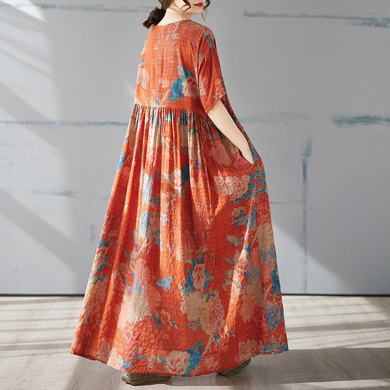 Krátký rukáv Plus size Bavlněné vintage květinové nové šaty pro ženy ležérní volné dlouhé letní šaty