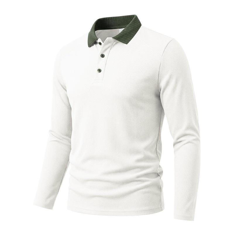 Mens Casual Color Block Long Sleeve Polo Shirt Wrinkle Resistant Breathable Jacquard