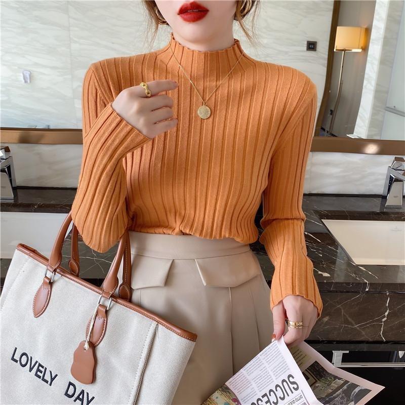 Autumn and Winter Semi-turtleneck Bottoming Sweater Women's Inner Pit Strip Pullover Shirt Solid Color Casual Tops Elegant Thin Simple Clothing