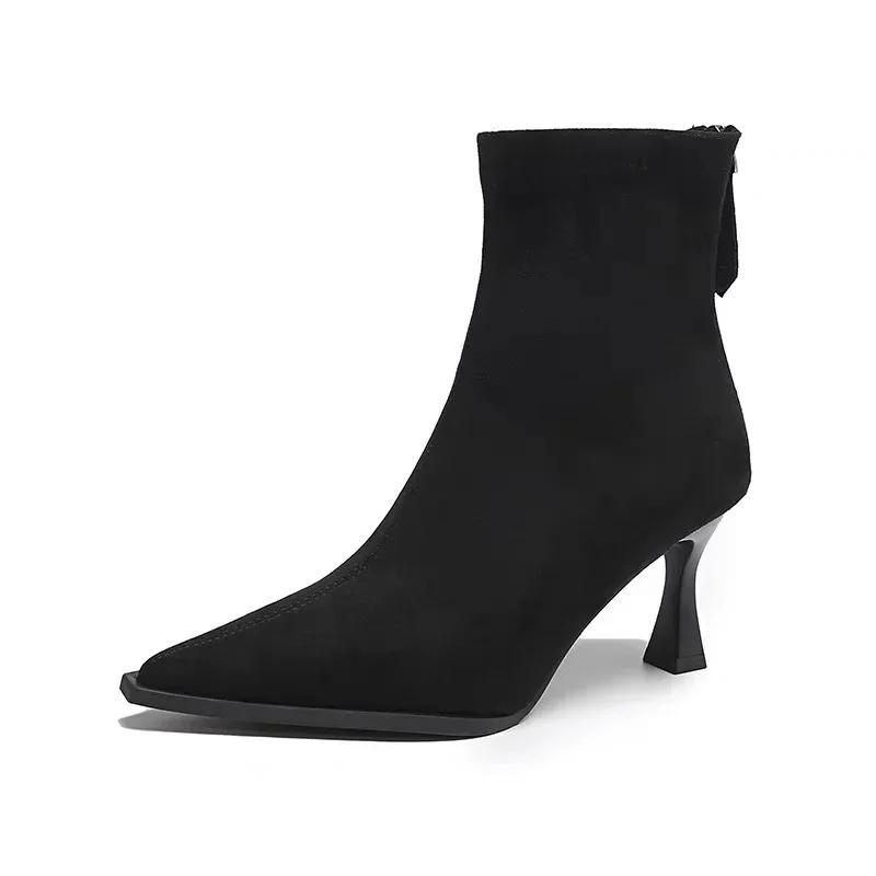 

2025 осінньо-зимові нові сексуальні леопардові замшеві ботильйони на тонких підборах з гострим носком, облягаючі чоботи, жіночі модні чоботи на високих підборах 35 чорний