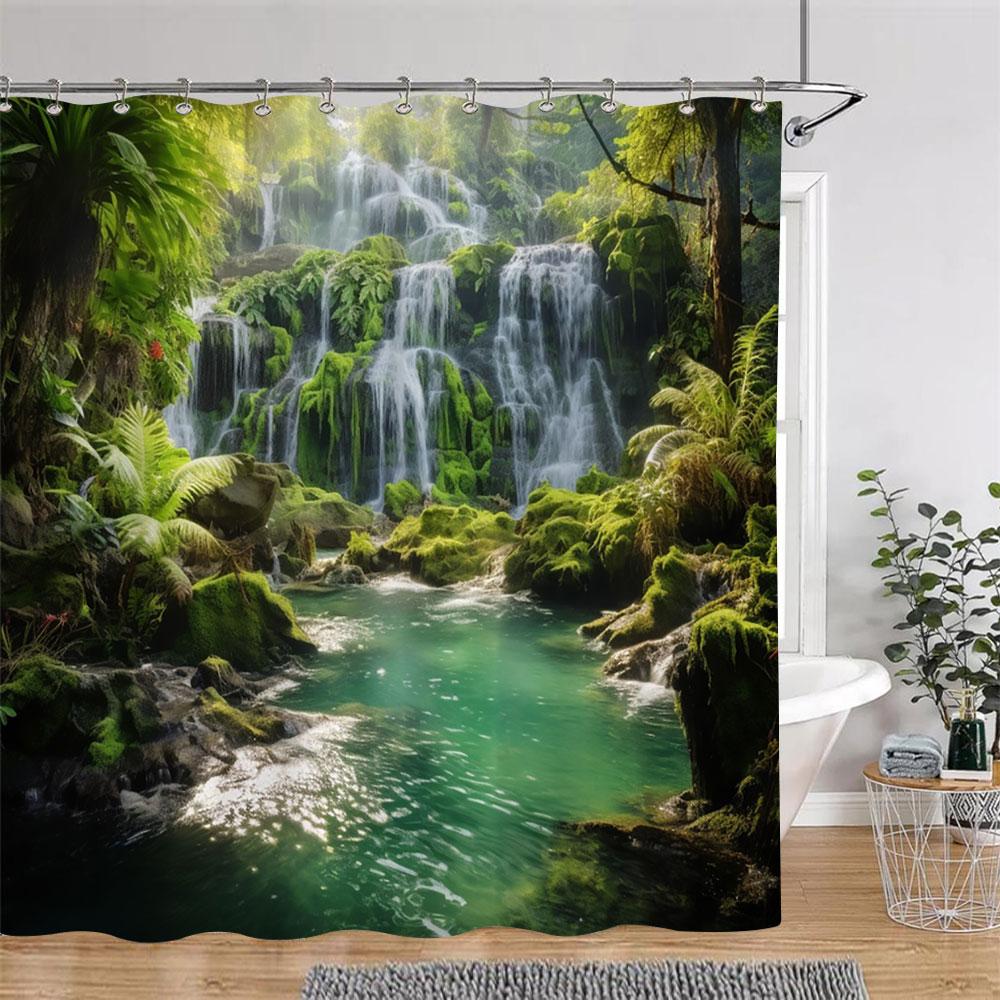 Sonnenschein Grün Wald Braun Fenster Duschvorhänge Bäume Pflanzen Natur Landschaft Polyester Badezimmer Vorhang Set Dekor Mit Haken