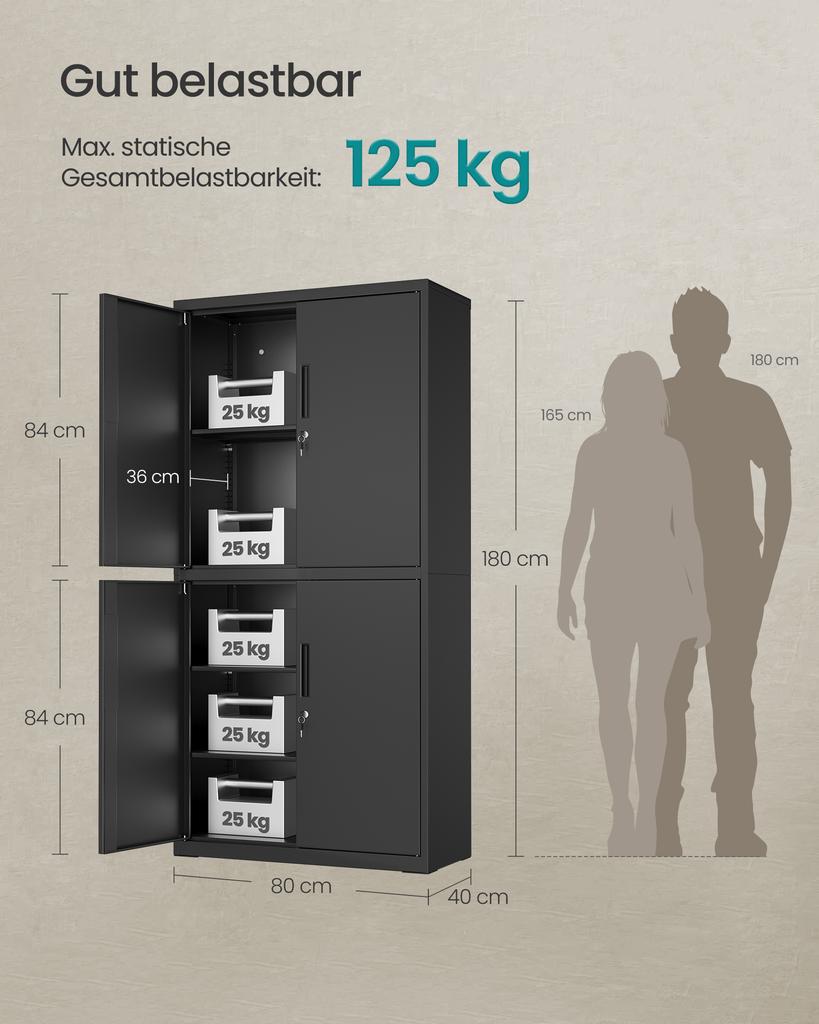 SONGMICS Armadio Ufficio Multiuso OMC016B01 con 4 Ante e 5 Ripiani, 40 x 80 x 180 cm, 2 Serrature, Ripiani Regolabili, Armadio Acciaio
