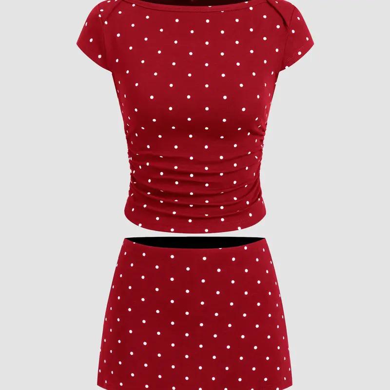 

Polka Dot Two-Piece Set: Women s Short-Sleeve Top & High-Waist Skirt - Stylish Autumn Fashion L