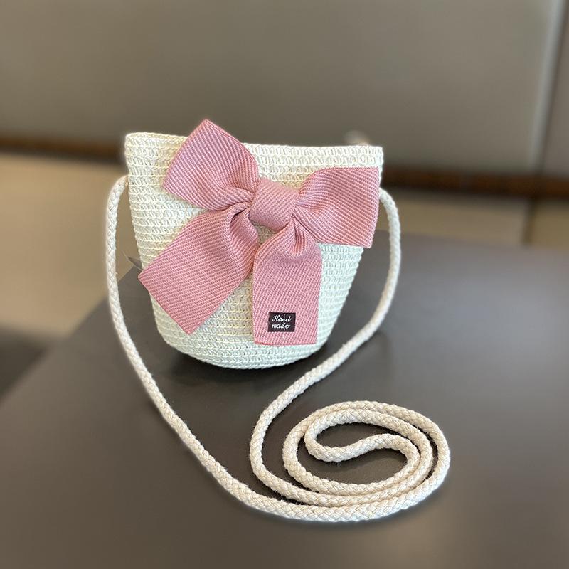 Children Straw Hat And Shoulder Bag Girls Summer Outdoor Beach Cap Cute Bow Travel Beach Sun Hat Crossbody Bag