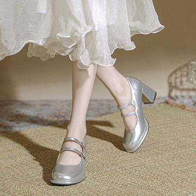 Silberne Mary Jane High Heels im Frühjahr 2024 – Damen-Loli-Plateau im japanischen JK-Stil mit dicken Absätzen