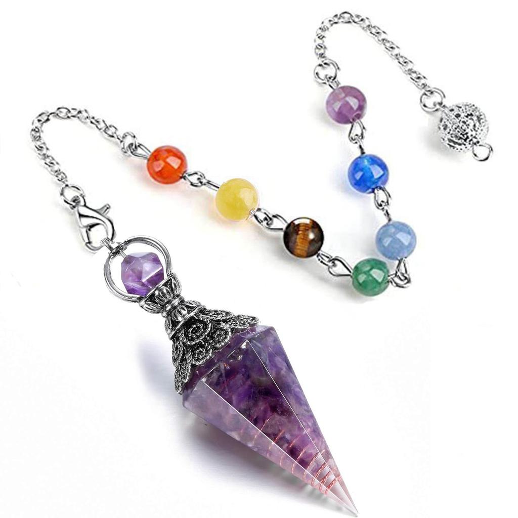 Healing Crystal Pendulums for Dowsing Divination Hexagonal Pointed Cone Resin Chip Reiki Wicca Spritual Chakra Energy Pendant with Chain