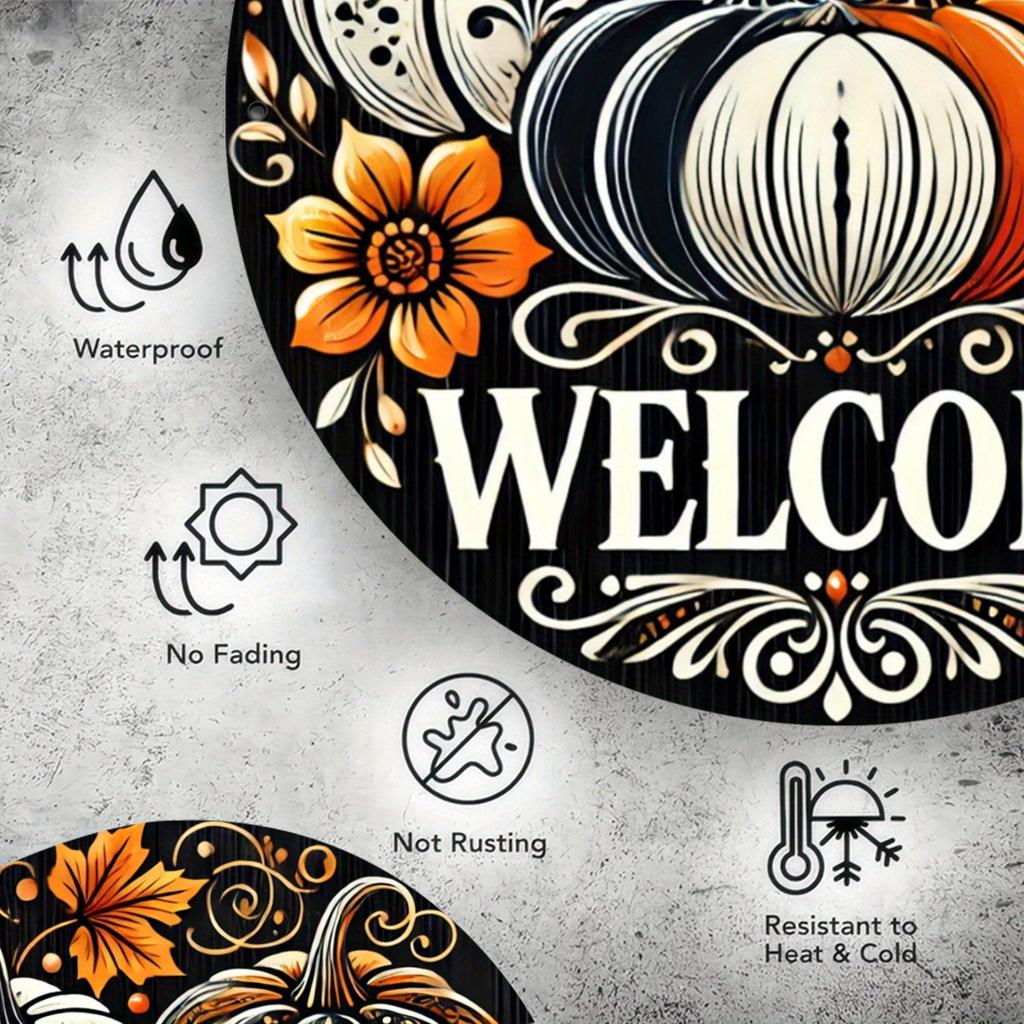 Pumpkin Wreath Aluminum Sign. Black & white striped decor for Halloween & Christmas.