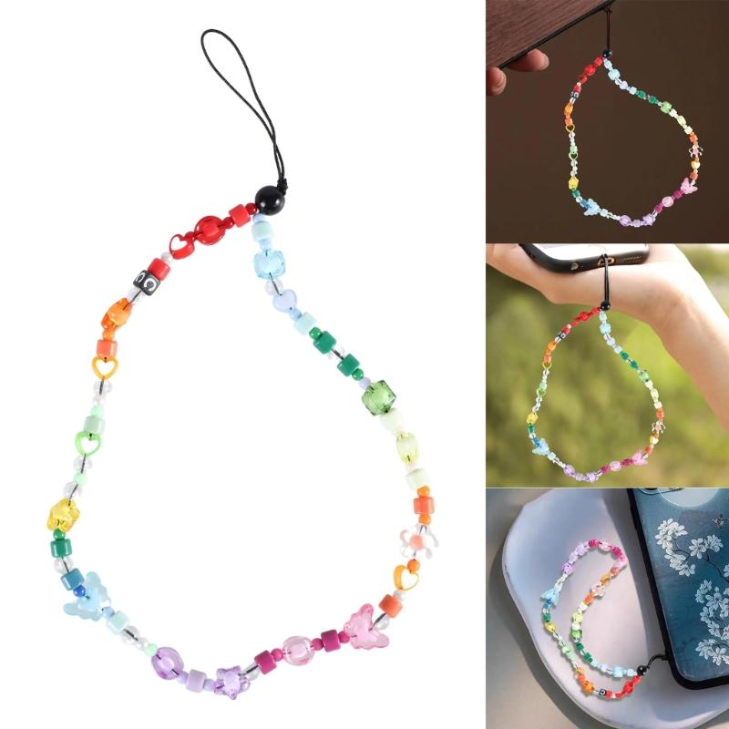 Phone Strap Charm Beaded Phone Lanyard Wrist Strap Butterfly Phone Charm Rainbow Beaded Phone Chain Strap for Girls
