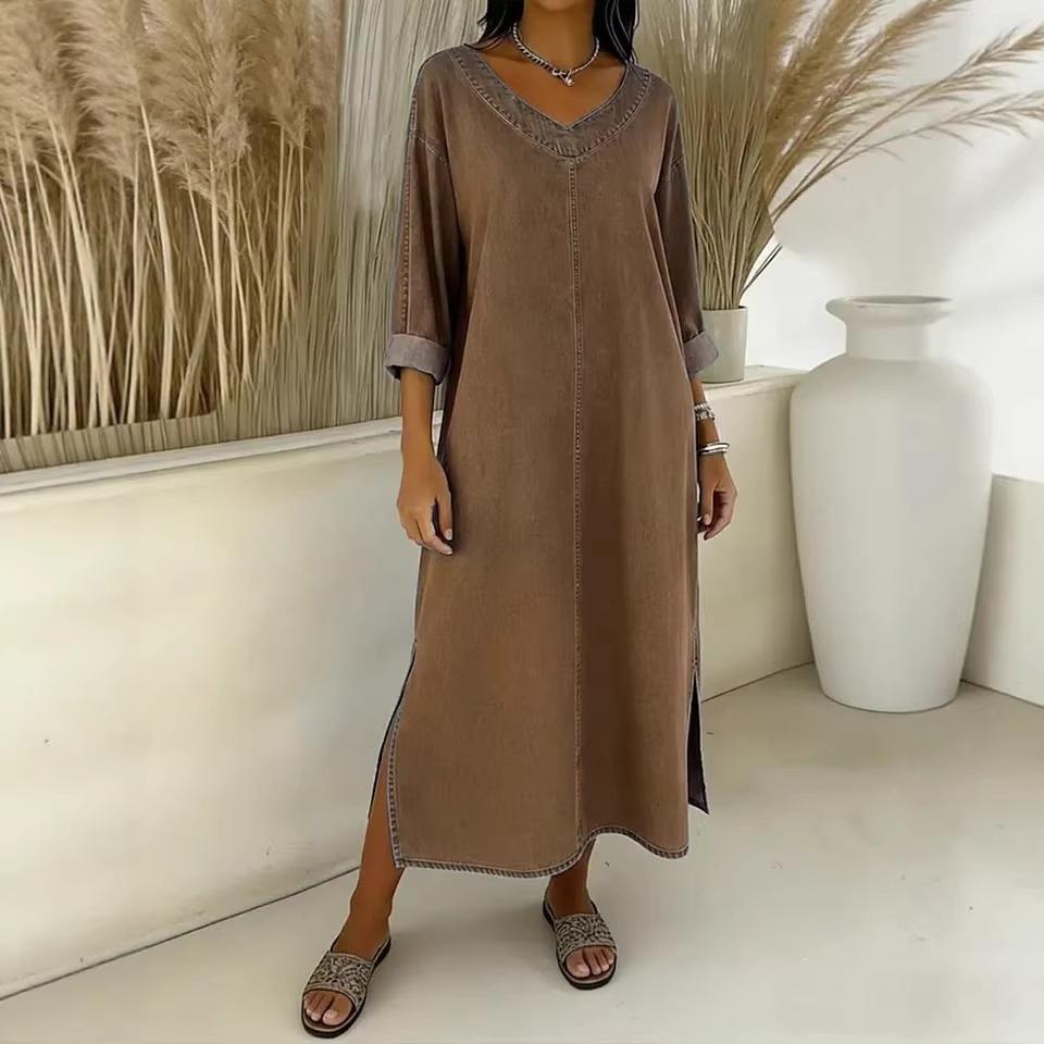 Spring/Summer New Style Solid-color V-neck Long-sleeved Loose-fitting Skirt with Slits