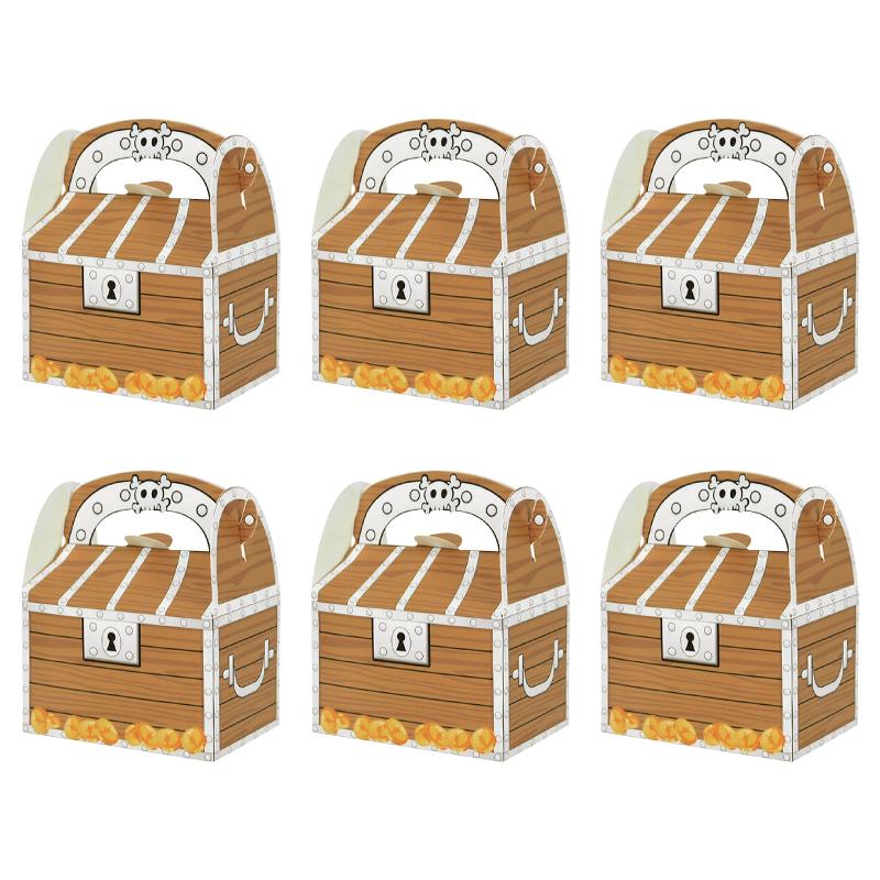 6pcs Pirate Treasure Treat Chest Paper Candy Gift Box Kids Trick or Treat Halloween Party Supplies Pirate Themed Birthday Decor