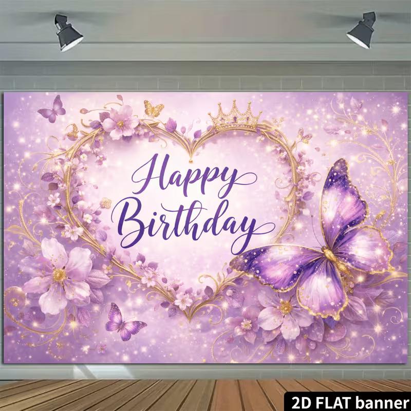 2D Princess Themed Purple Happy Birthday Backdrop Banner Party Decoration