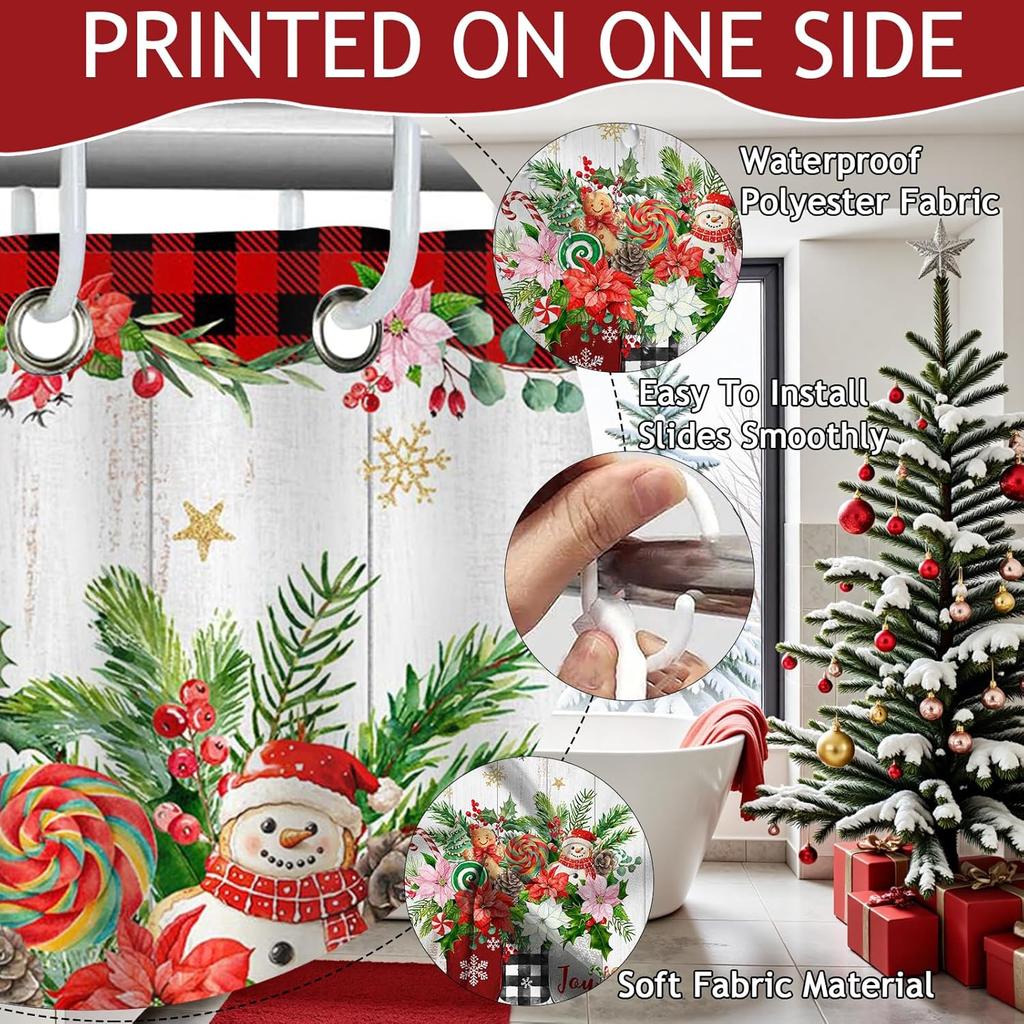 Christmas Shower Curtain Cute Snowman Xmas Red Checkered Floral Shower Curtain With 12 Hooks Xmas Gingerbread-Man Pine Branch
