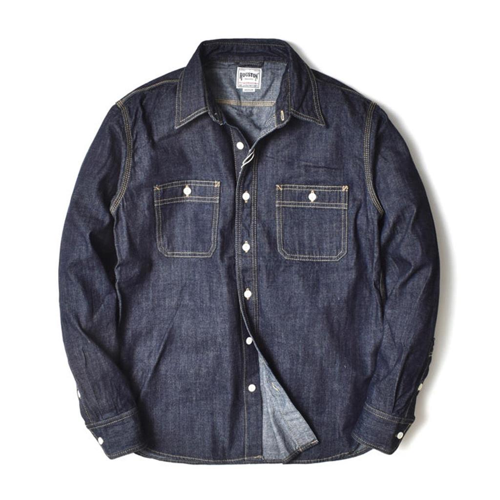 Long Sleeve Denim Shirt Work US [Houston] Men's (American Casual, Faded, Shirt, Cotton) (XL Size, Indigo)
