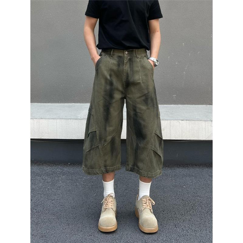 

Premium tie-dye denim shorts women s summer vibe high street pleated design scimitar overalls S зелёный