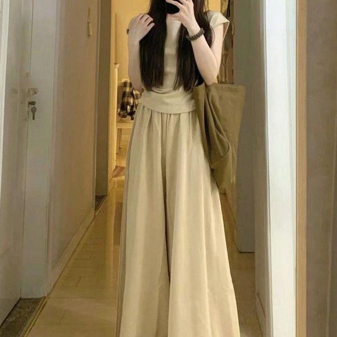 

Women s Summer French Retro Two-Piece Set: Short Sleeve T-Shirt & High-Waisted Wide-Leg Pants L