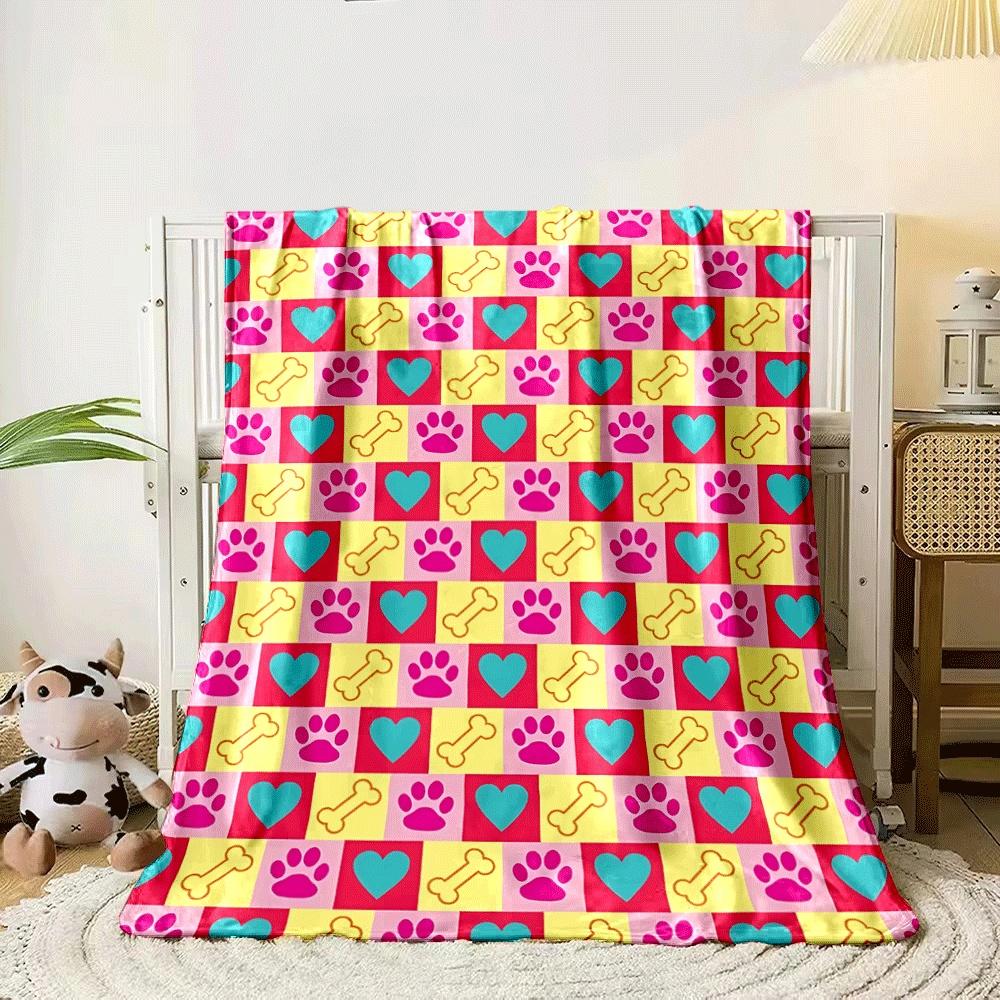 Colorful grid with pink paw prints, yellow bones, and teal hearts alternating. for all seasons blanket lunch break throw gift 80cm x 120cm