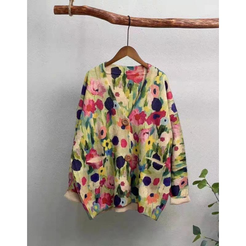 DIMANAF 2026 New Autumn Plus Size Sweaters Cardigan Oversize Women Pattern Floral Cartoon Printing Sweaters Knitting Loose Sweater