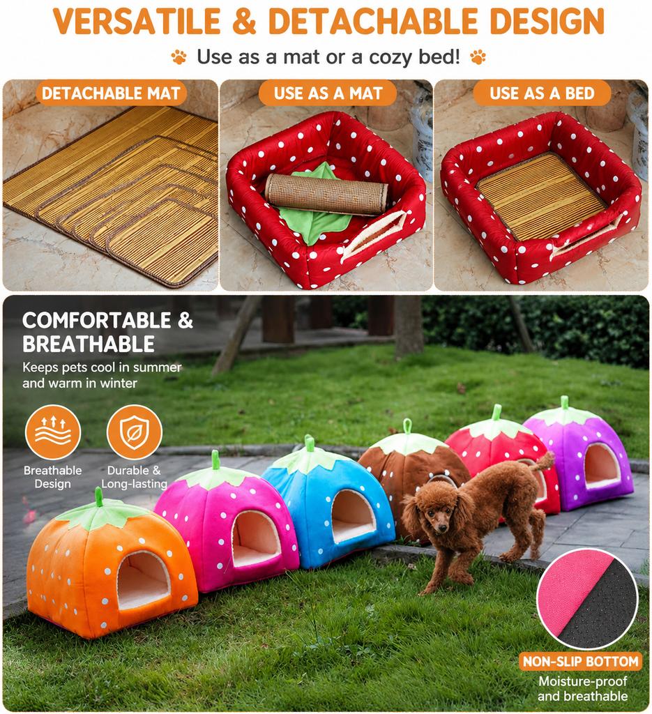 2PCS Rabbit Bed & Hay Feeder Bag Set, Strawberry Hideaway House, Hanging Hay Rack, Soft Cage Accessories for Bunny Guinea Pig