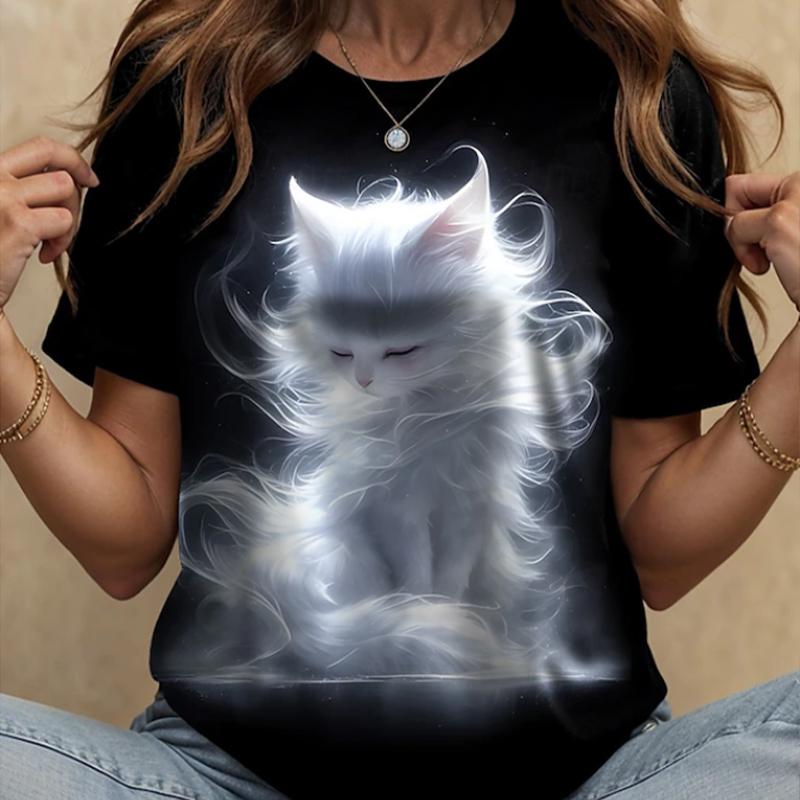 

Женская летняя футболка Ретро мода Футболки с коротким рукавом Повседневные топы с принтом котенка 8XL чёрный