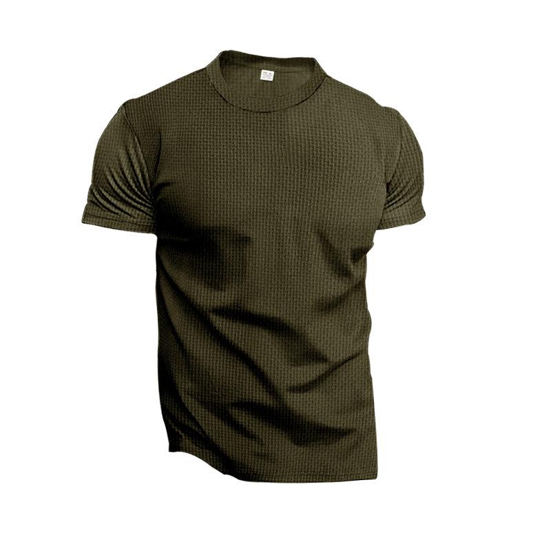 Men Waffle Knit Short Sleeve T-Shirt Casual Solid Color Slim Fit Basic Tee