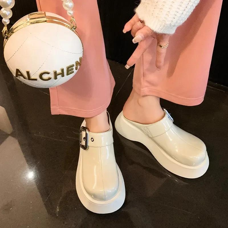 Platform Slipper Women Shoes 2024 New Wear Muller-Boken Bun Head Half Drag French Head Flip-flops Slides Women  Zapatos De Mujer